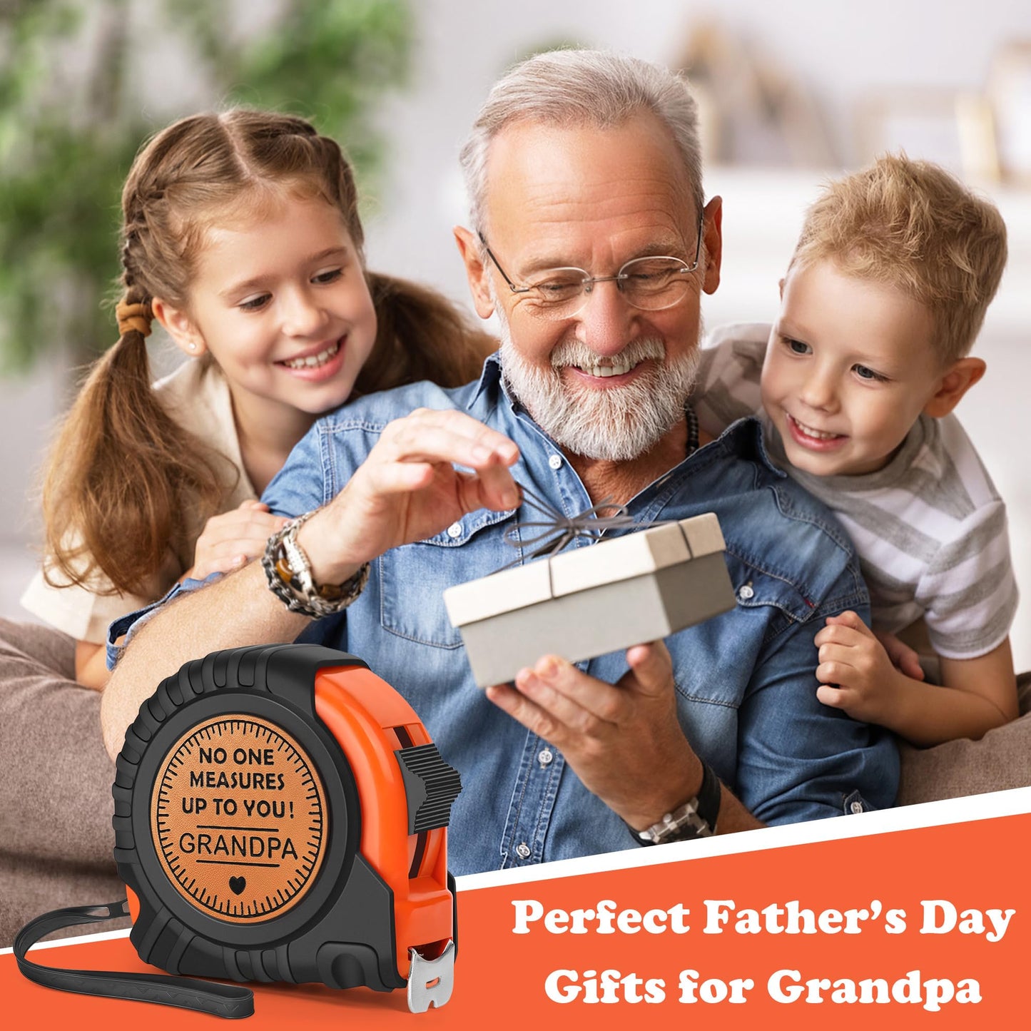 Fathers Day Grandpa Gifts from Grandkids, Birthday Grandpa Grandfather Papa Gifts from Granddaughter Grandson, Granddad Grandparents Day Gift Idea Genuine Leather Engraved 25 FT Tape Measure