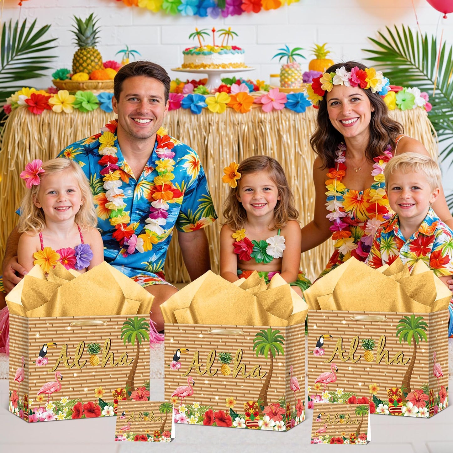 Hawaiian Gift Bag Luau Tiki Party Decorations Wood grain Hawaiian Gift Bag with Tissue Paper and Card Flamingo Beach Wrapping Bags for Tropical Summer Beach Pool Birthday Party Decorations