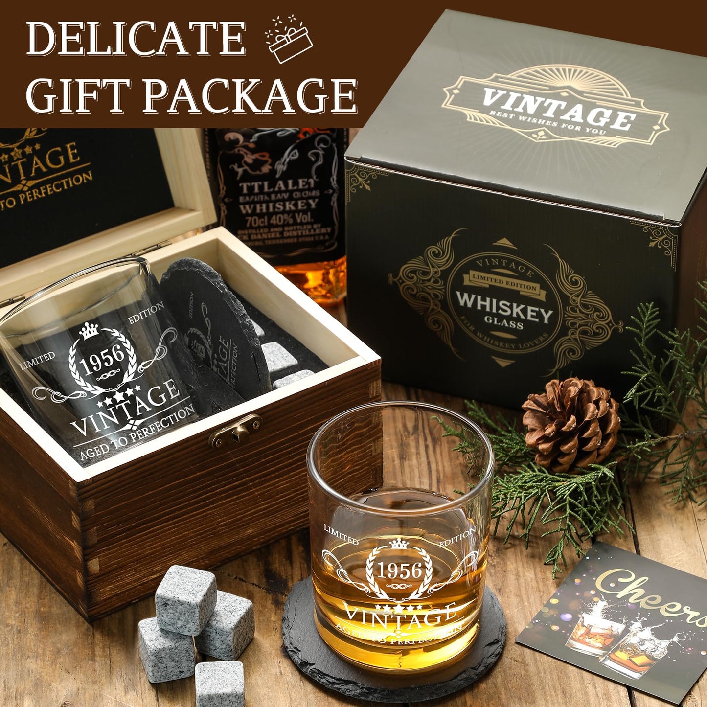 70th Birthday Gifts for Men Whiskey Glass Set - 70th Birthday Decorations, Party Supplies - 70 Years Anniversary, Bday Gifts Ideas for Him, Dad, Husband, Friends - Wood Box & Whiskey Stones & Coaster