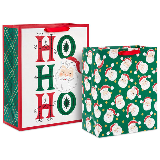 Hallmark Retro Christmas Gift Bag Bundle for Kids (2 Bags: 13" Large, 15" Extra Large) Vintage Santa, Ho Ho Ho, Green, Red and White