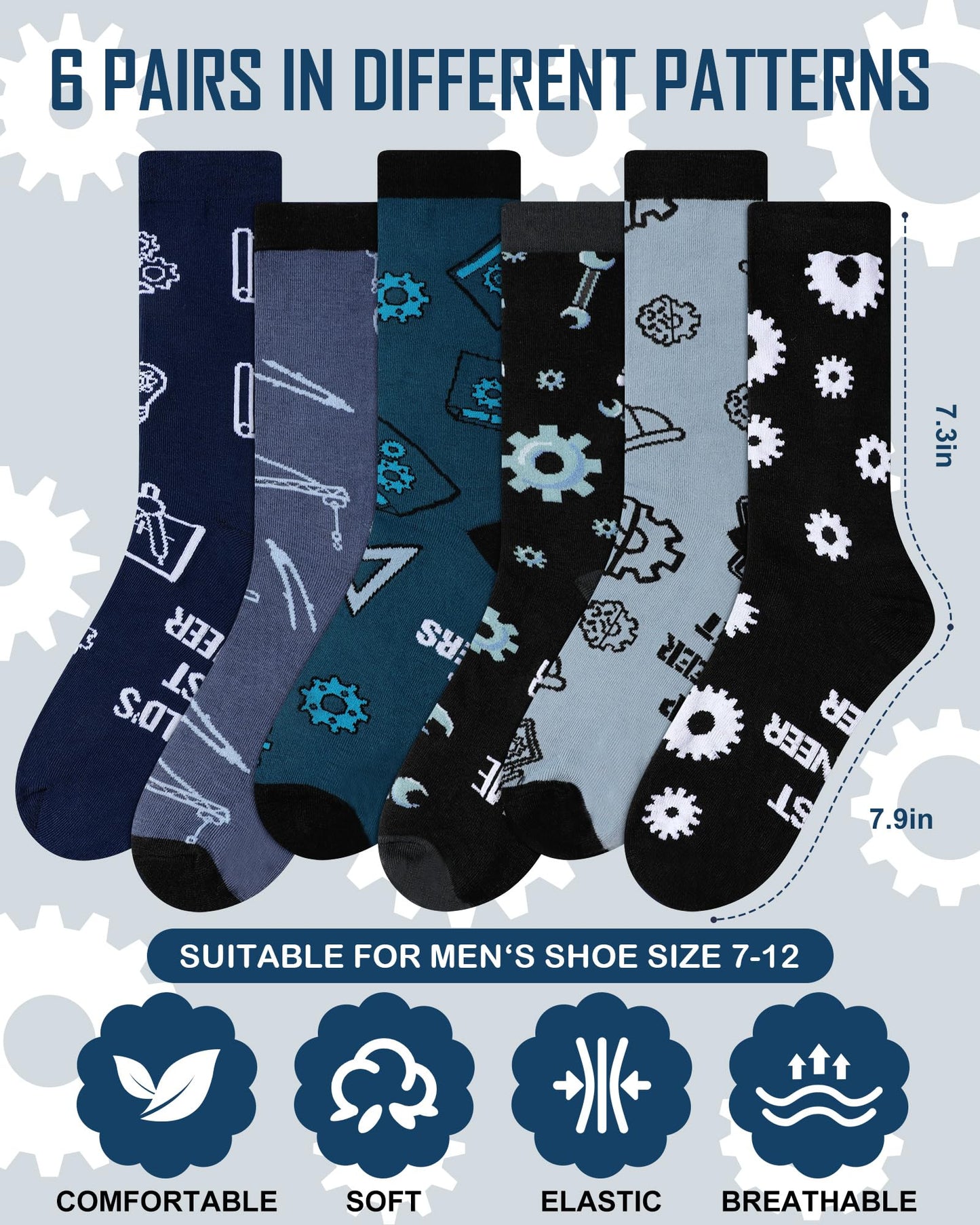 Eurzom 6 Pairs Men's Novelty Engineering Socks Funny Cotton Crew Dress Socks Birthday Father's Day Gift for Engineer Dad Grandpa