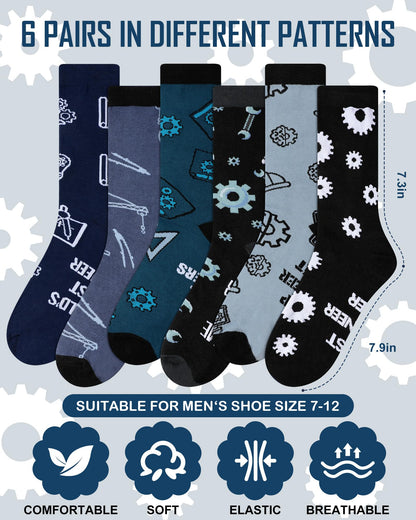 Eurzom 6 Pairs Men's Novelty Engineering Socks Funny Cotton Crew Dress Socks Birthday Father's Day Gift for Engineer Dad Grandpa
