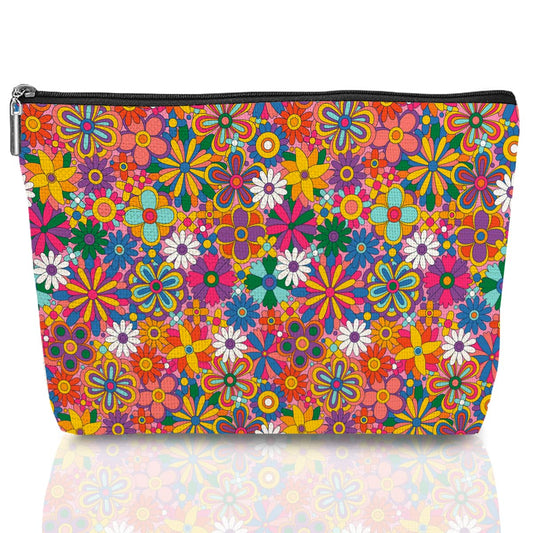 Retro Hippie Flowers Makeup Bag Floral Lovers Gift Vintage Flower Cosmetic Bag Mom Birthday Nurse Mothers Day Graduation Friendship Gifts for Women Best Friends Sister Grandma Travel Toiletry Bag