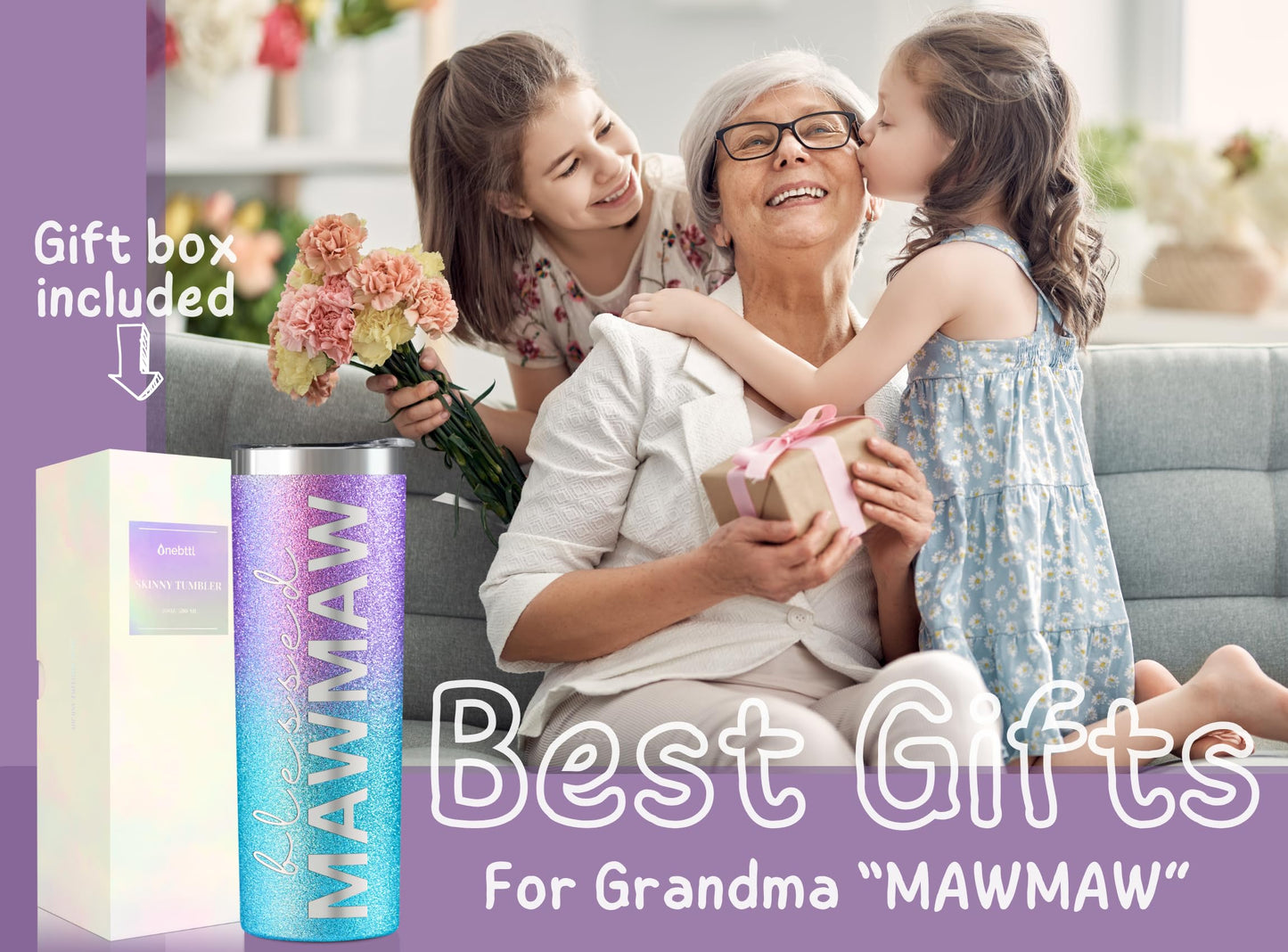 Onebttl Mawmaw Gifts for Grandma's Mother's Day, 20oz Purple & Blue Glitter Skinny Tumbler, Straw & Lid Included, Christian Gifts for Blessed Mawmaw