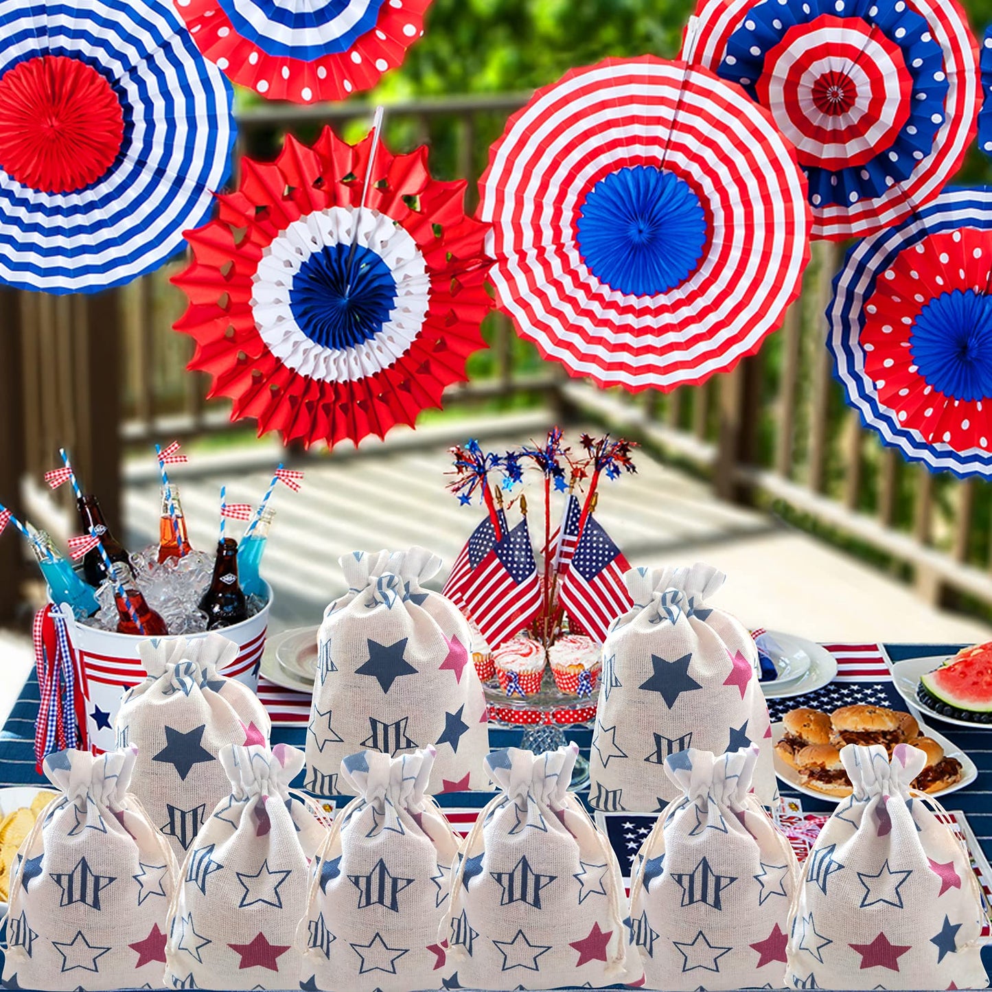 American Flag Patriotic Star Gift Treat Bags Drawstring Gift Bags for 4th of July, Independence Day, Labor Day Party Decorations