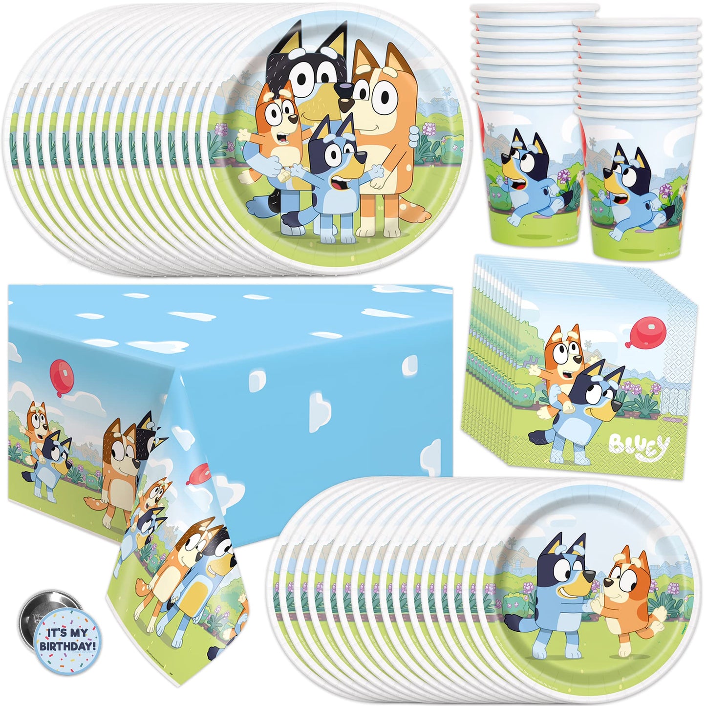 Unique Bluey Birthday Party Supplies and Decorations - Bluey Tablecover, Plates, Cups, Napkins, Button