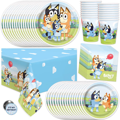 Unique Bluey Birthday Party Supplies and Decorations - Bluey Tablecover, Plates, Cups, Napkins, Button