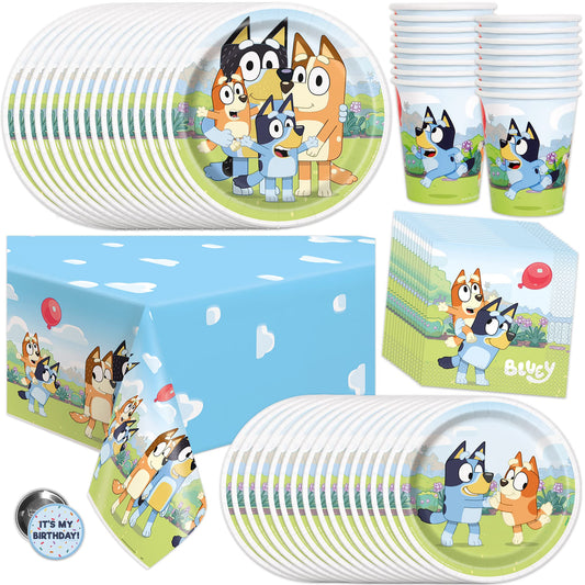 Unique Bluey Birthday Party Supplies and Decorations - Bluey Tablecover, Plates, Cups, Napkins, Button