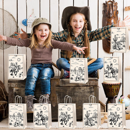 Qitnlaughter 12 Pcs Western Cowboy Birthday Paper Bags for Western Party Decorations Rodeo Bachelorette Candy Bags Wild West Goodie Bag for Cowboy Kids Boys Gift Birthday Party Favor