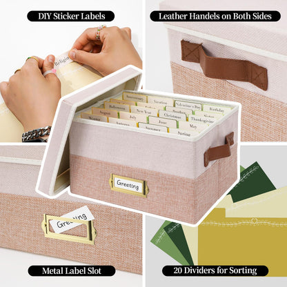 Vienrose Greeting Card Organizer Box with 20 Removable Dividers, 84 Labels, Large Capacity Foldable Storage Box for Photos, Postcards, Stickers & Keepsakes, Portable Linen Organizer, Pink&Lotus
