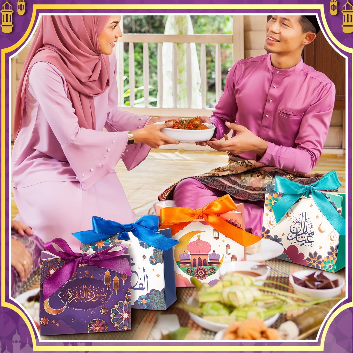 Kritkin 48 Pcs Eid Mubarak Gift Bags with Ribbons Muslim Ramadan Gift Bags Eid Decorations Eid Mubarak Party Favors Goodie Boxes with Castle Moon Star for Ramadan Party Treat Kids Candy Supplies
