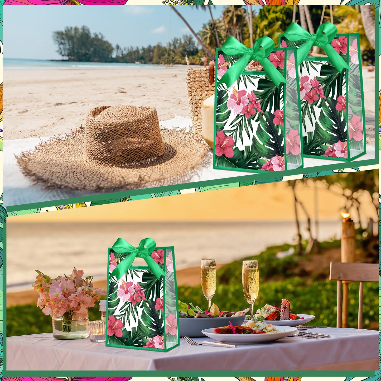 Geyoga 24 Pcs Hawaii Aloha Gift Bags with Handles 7x10x3.15 Inch Tropical Luau Clear Reusable PVC Gift Bag with Ribbon for Women Wedding Birthday Baby Shower Bridal Shower Summer Spring Party Supplies
