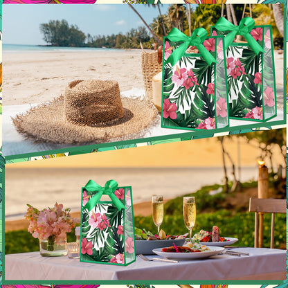 Geyoga 24 Pcs Hawaii Aloha Gift Bags with Handles 7x10x3.15 Inch Tropical Luau Clear Reusable PVC Gift Bag with Ribbon for Women Wedding Birthday Baby Shower Bridal Shower Summer Spring Party Supplies