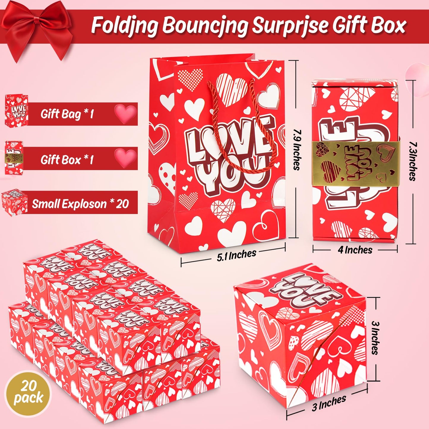 NefosLeuki Surprise Gift Box Explosion for Money,Valentines Pop-Up Explosion Gifts Box,Folding Bounce Box for Valentine's Day,Birthday,Anniversary(Red-20 Bounces)