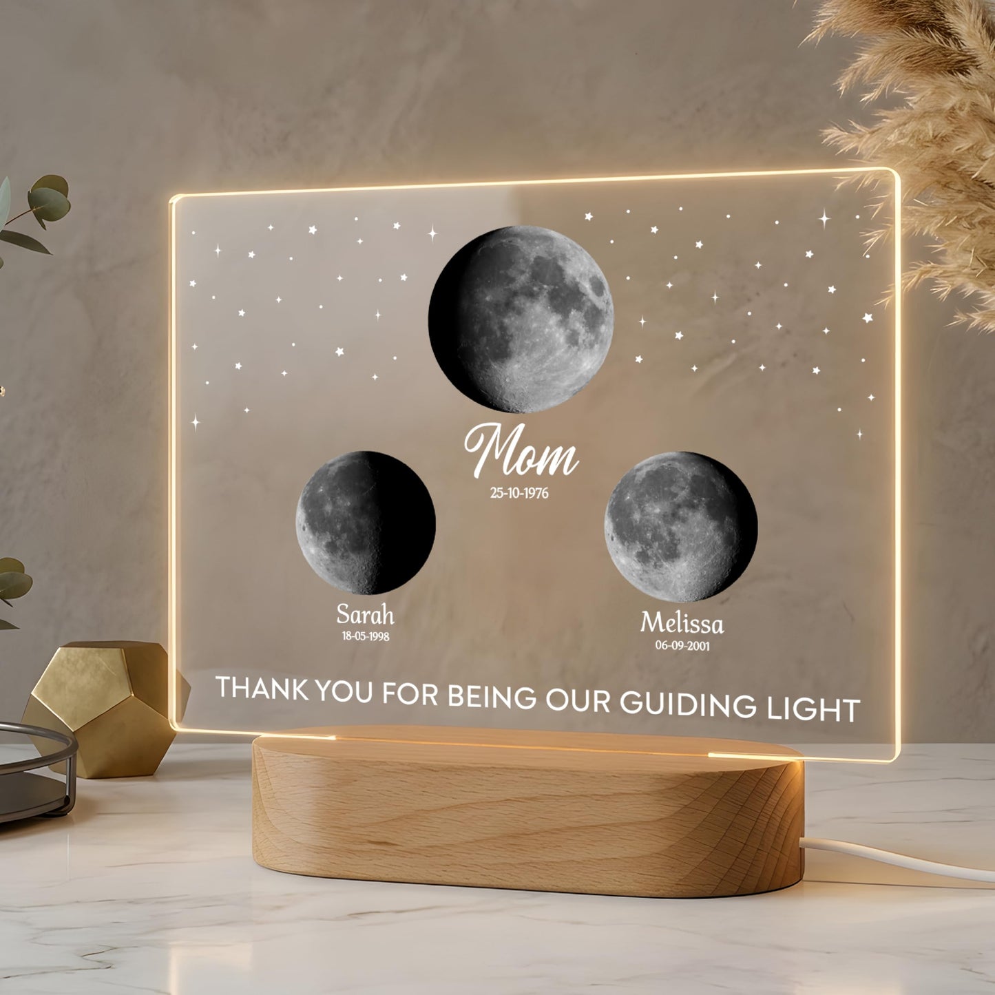 Personalized Moon Phase Night Light for Mom – Custom Birth Moon Lamp with Names & Dates, Real Lunar Phase from Birthday, LED Acrylic Photo Frame Gift for Mother’s Day