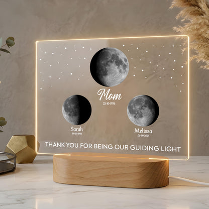 Personalized Moon Phase Night Light for Mom – Custom Birth Moon Lamp with Names & Dates, Real Lunar Phase from Birthday, LED Acrylic Photo Frame Gift for Mother’s Day