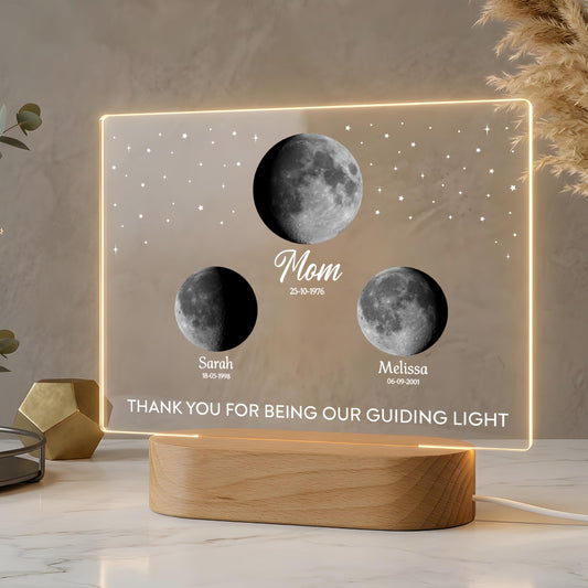 Personalized Moon Phase Night Light for Mom – Custom Birth Moon Lamp with Names & Dates, Real Lunar Phase from Birthday, LED Acrylic Photo Frame Gift for Mother’s Day