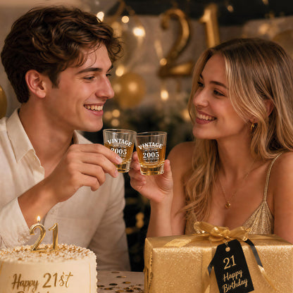 LIGHTEN LIFE 21st Birthday Gifts for Him,2005 Shot Glasses with Valued Wooden Box,21st Birthday Shot Glass Set,21 Years Old Birthday Gift Ideas,21st Birthday Decorations for Men Son Boy Brother Friend
