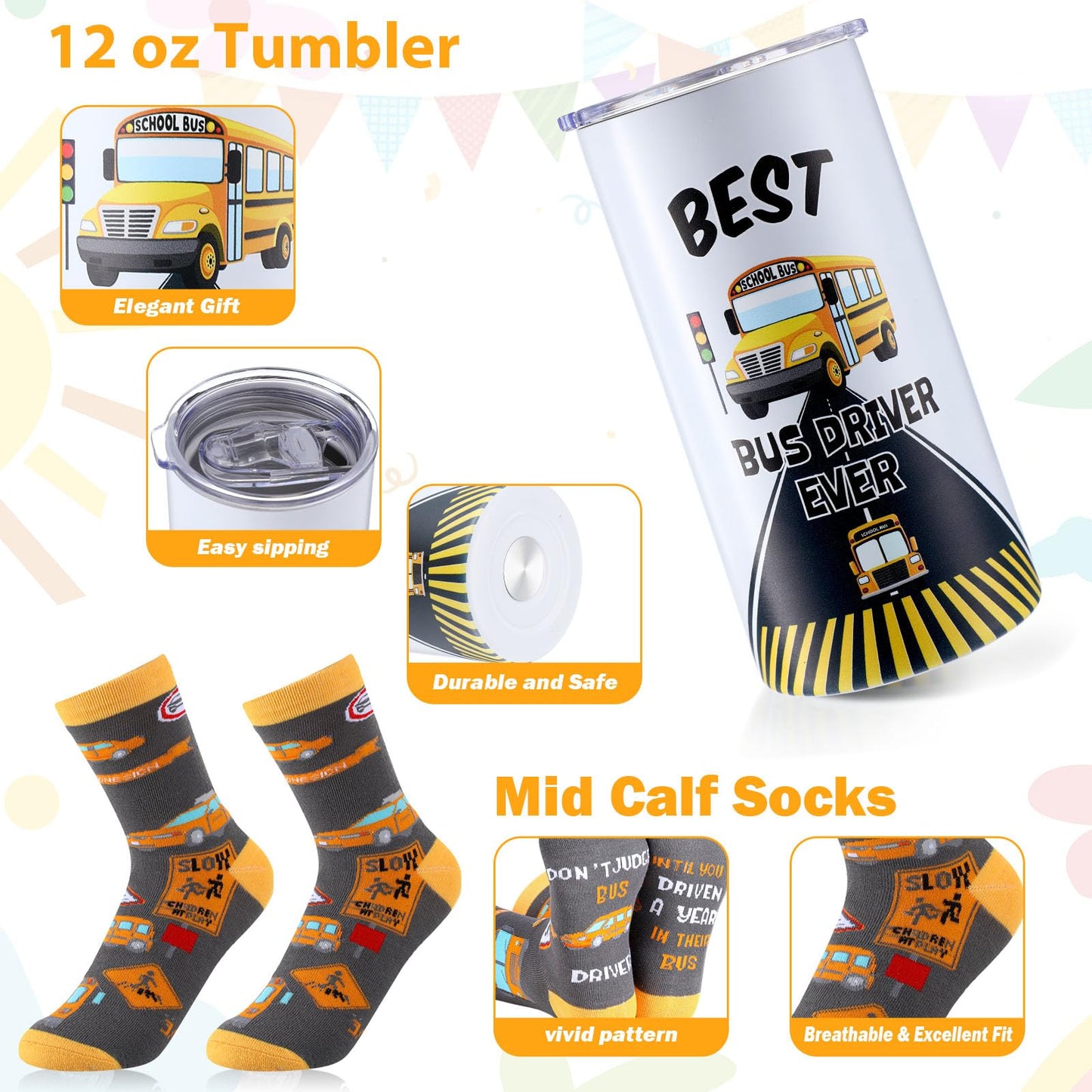 Sieral 4 Pcs School Bus Driver Appreciation Gifts for Women Men 12 oz Stainless Steel 4 in 1 Design Bus Driver Tumbler Cup and Lids Funny Bus Driver Canvas Bag Bus Driver Keychain Bus Driver Socks