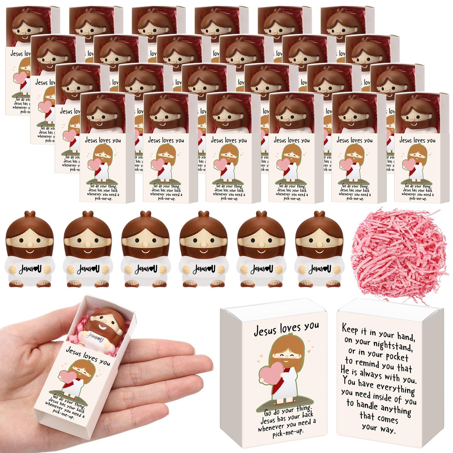 Wettarn 30 Sets Jesus Loves You Gifts Jesus Figures Stress Balls with Support Boxes for Christian Religious Church Stuffers Faith Desk Decor Christmas Valentines Day Party Favors