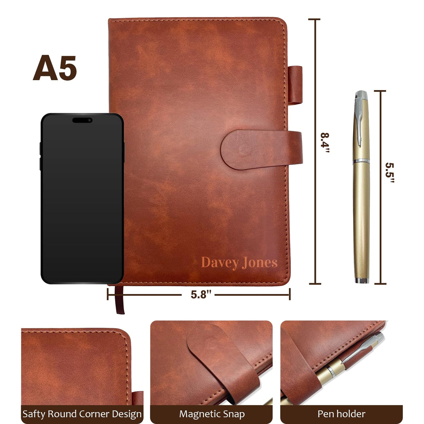 Personalized Notebook with Pen and Gift Box, Custom Text Leather Journal, Gifts for Women Men, Engraved Journals To Write In, Birthday, Best Friend, Mom, Sister, Corporate, Business Gift (Text-Brown)