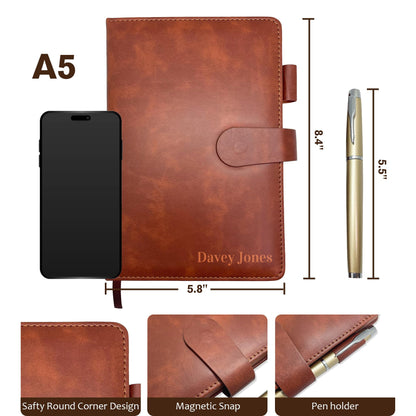 Personalized Notebook with Pen and Gift Box, Custom Text Leather Journal, Gifts for Women Men, Engraved Journals To Write In, Birthday, Best Friend, Mom, Sister, Corporate, Business Gift (Text-Brown)