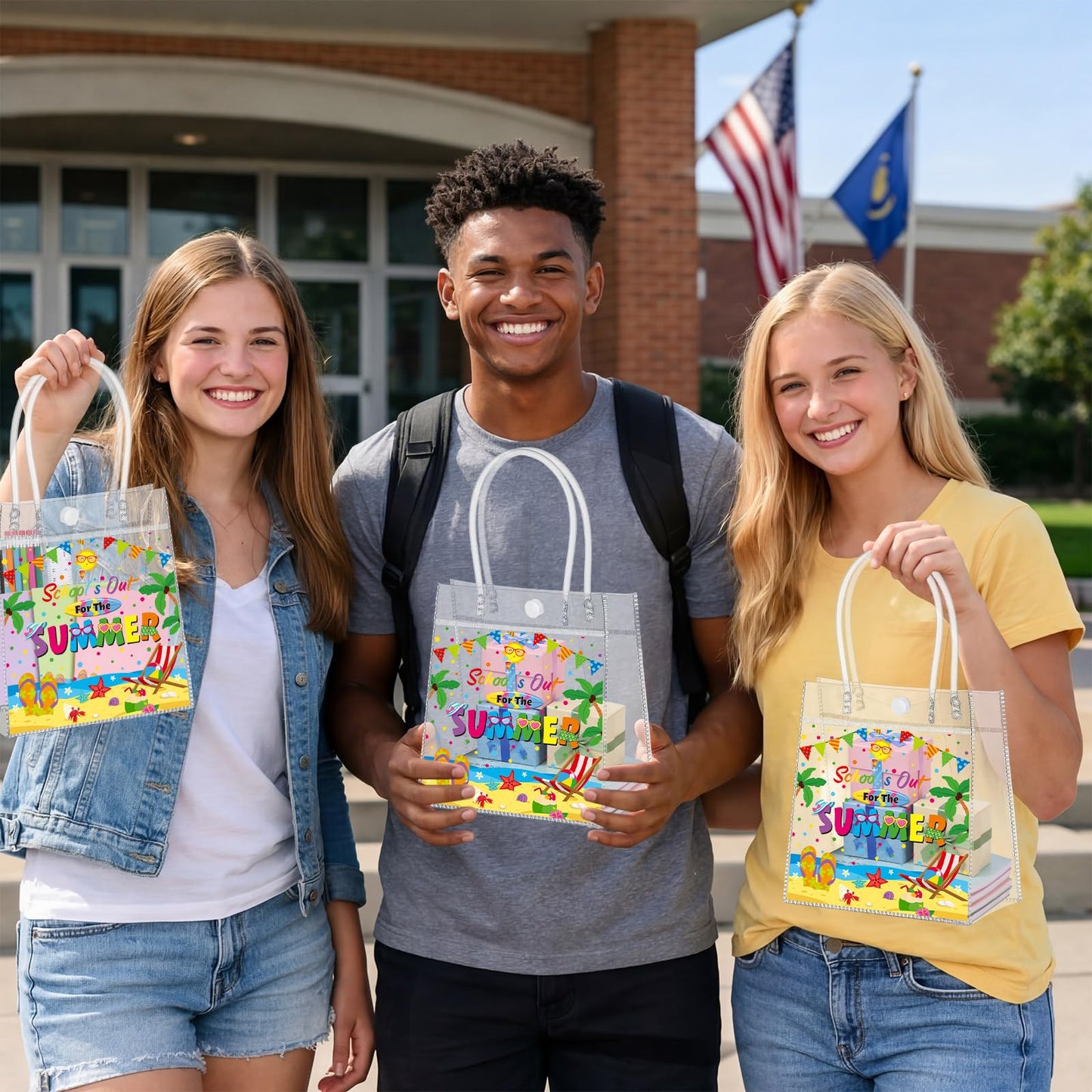 Gilprop 12 Pcs School's Out for Summer Gift Bags, End of Year Goodie Bags Bulk, Clear PVC Treat Tote Bag with Handles, Last Day of School Party Favors for Pool Beach Vacation