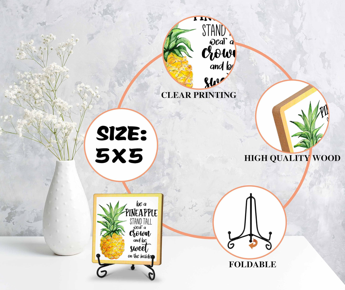Zmyollo Pineapple Desk Decor Sign, Summer Wooden Sign With Stand, Be A Pineapple Stand Tall Wear A Crown Sign For Room Home Office Shelf Table, Inspirational Gifts For Girl Daughter Friend, C28