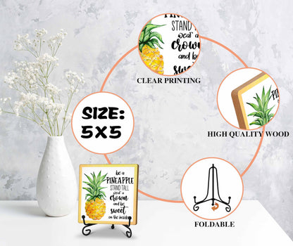 Zmyollo Pineapple Desk Decor Sign, Summer Wooden Sign With Stand, Be A Pineapple Stand Tall Wear A Crown Sign For Room Home Office Shelf Table, Inspirational Gifts For Girl Daughter Friend, C28
