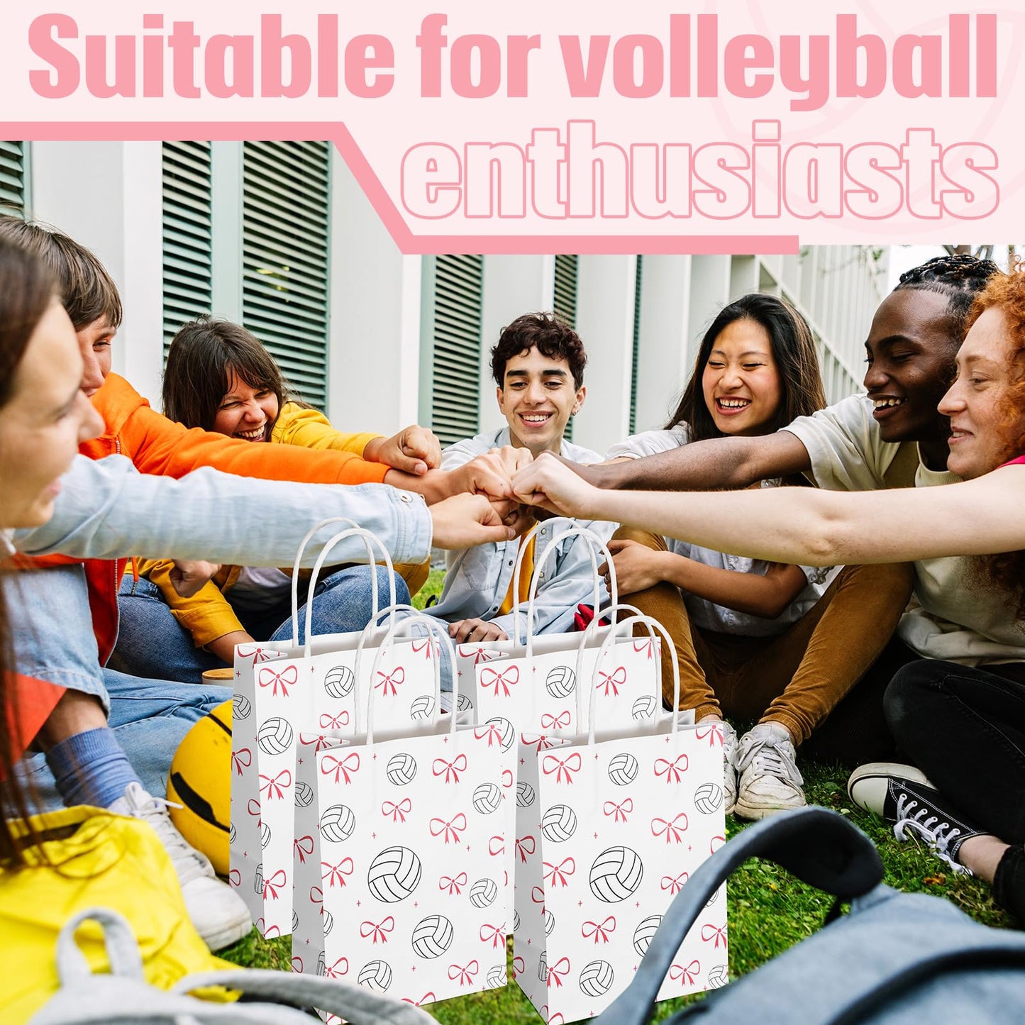 Spiareal 24 Pcs Volleyball Paper Gift Bags with Handles, Volleyball Party Favors Snack Goodies Pink Bow Bags for Team Sport Birthday Themed Party for Decorations, Game Celebration