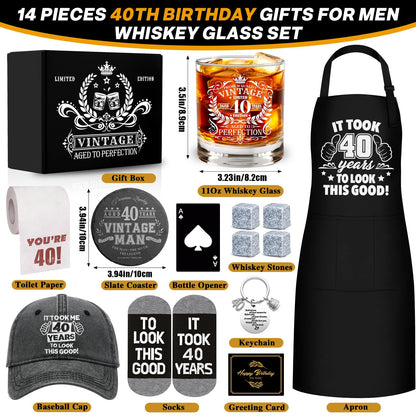 40th Birthday Gifts for Men Whiskey Glass Set, 40th Birthday Party Supplies with 11 Oz Whiskey Glass Coaster Stone Baseball Cap Apron Sock Toilet Paper Keychain for Him, Dad, Husband, Friends