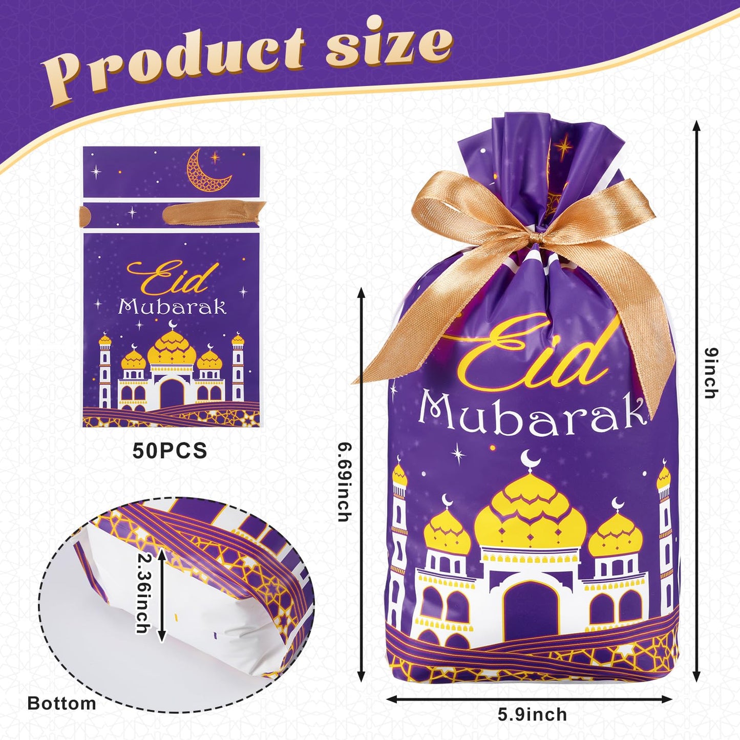 Blulu 50 Pcs Eid Mubarak Gifts Bags Plastic Ramadan Gift Bags Arabesque Moon Bulk Mosque Happy Eid Theme Goodie Pouches for Muslim Mubarak Party Candy Wrapping Supplies Decorations