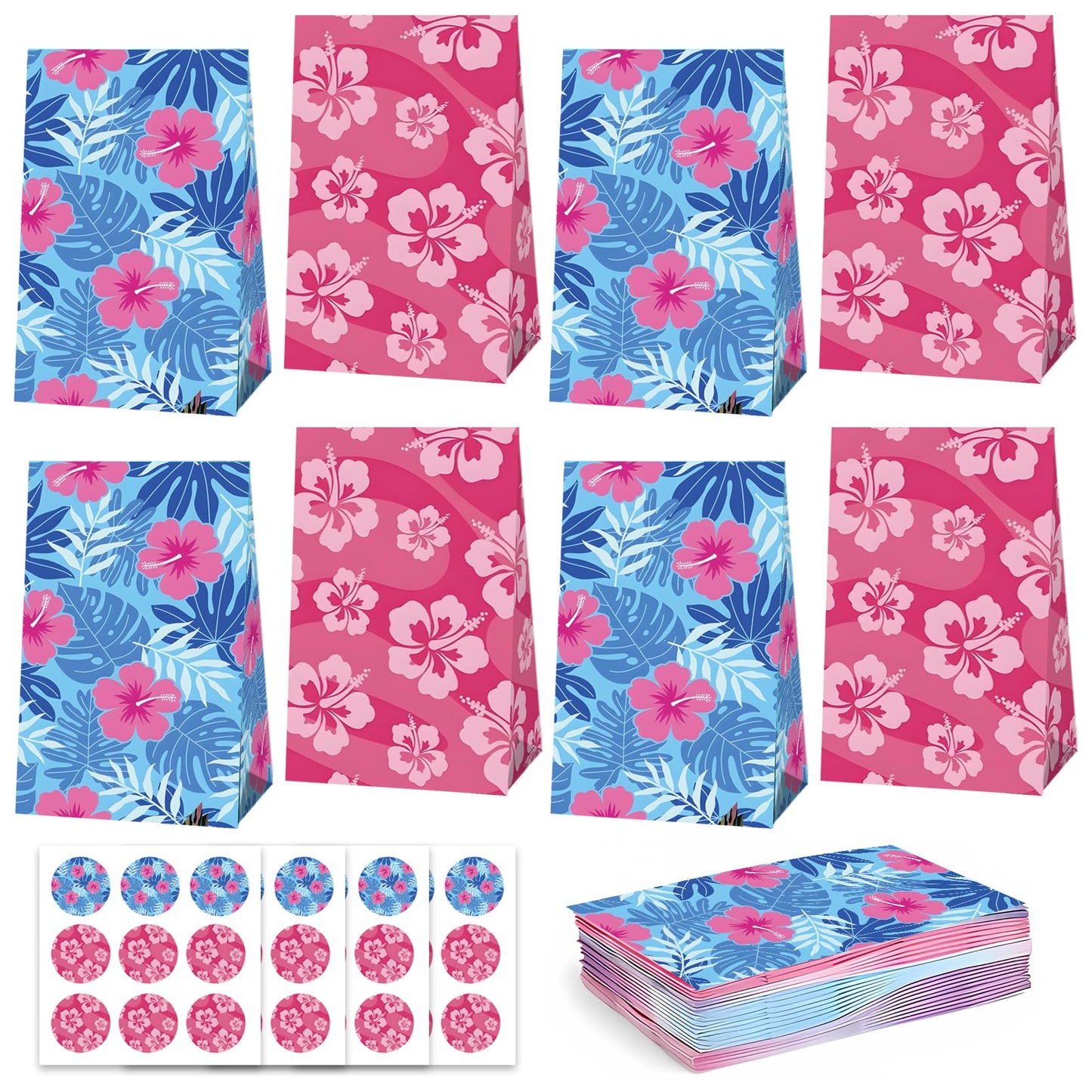 24 Pcs Cute Cartoon Pink Blue Hibiscus Party Gift Bags with Stickers Hawaiian Party Favors Paper Goodie Bags for Hawaiian Tropical Birthday Supplies(24Pcs-bags)
