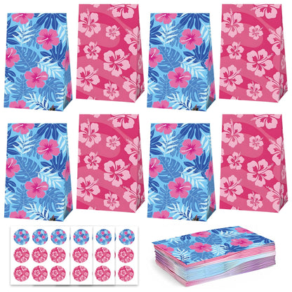 24 Pcs Cute Cartoon Pink Blue Hibiscus Party Gift Bags with Stickers Hawaiian Party Favors Paper Goodie Bags for Hawaiian Tropical Birthday Supplies(24Pcs-bags)
