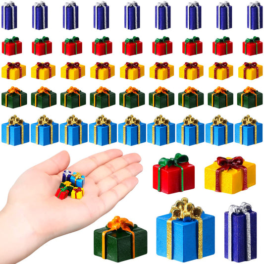 Bucherry 50 Pcs Christmas Miniature Resin Gift Boxes Multicolor Mini Christmas Ornaments Xmas Miniature Figurines Charms for Craft DIY Garden Accessories