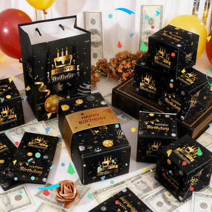 Exploding Gifts Box, Black Gold Surprise Explosion Gifts Box Birthday Money Boxes for Cash Gifts Pop Up Birthday, DIY Unique Folding Happy Birthdays Surprise Boxes Party Favors for Men Women