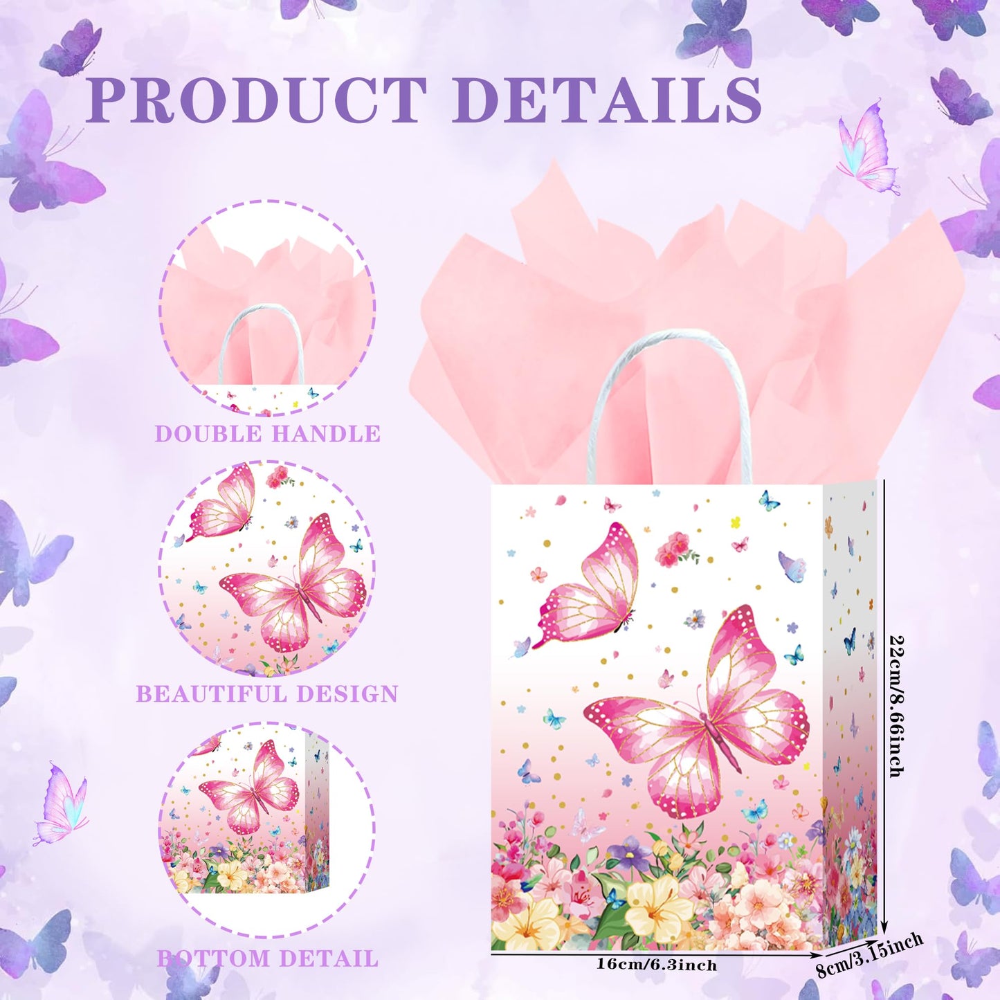 W WINTMING 16 Pcs Butterfly Gift Bags Butterfly Party Favor Bags with Tissue Paper Pink Purple Paper Goodie Bag Birthday Bag for for Wedding, Birthday, Party Supplies and Gift (Flower)