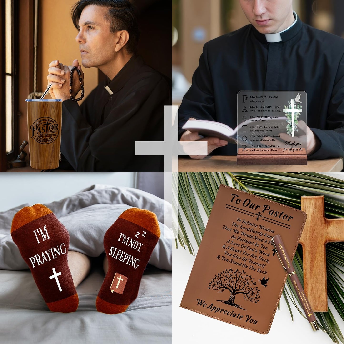 Pastor Gifts for Men, Pastors Appreciation Gift Set with 20 Oz Tumbler Socks Acrylic Plaque Leather Journal Notebook Engraved Pen Bookmark Keychain for Dad, Husband, Grandpa, Male Friends, Coworker