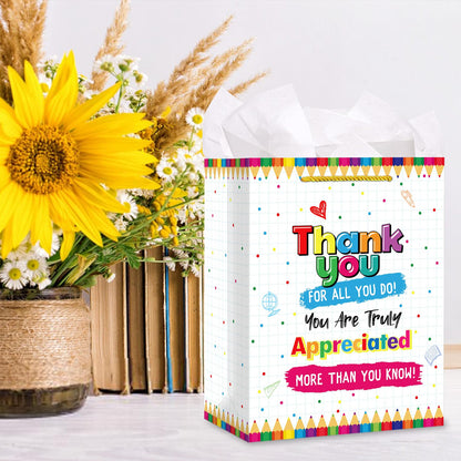 FaCraft Teacher Appreciation Gift Bags - 11.5" Teacher Gift Bag with Tissue Paper and Handles - Thank You for All You Do Bag for Graduation Retirement End of Year Teacher Gifts from Students