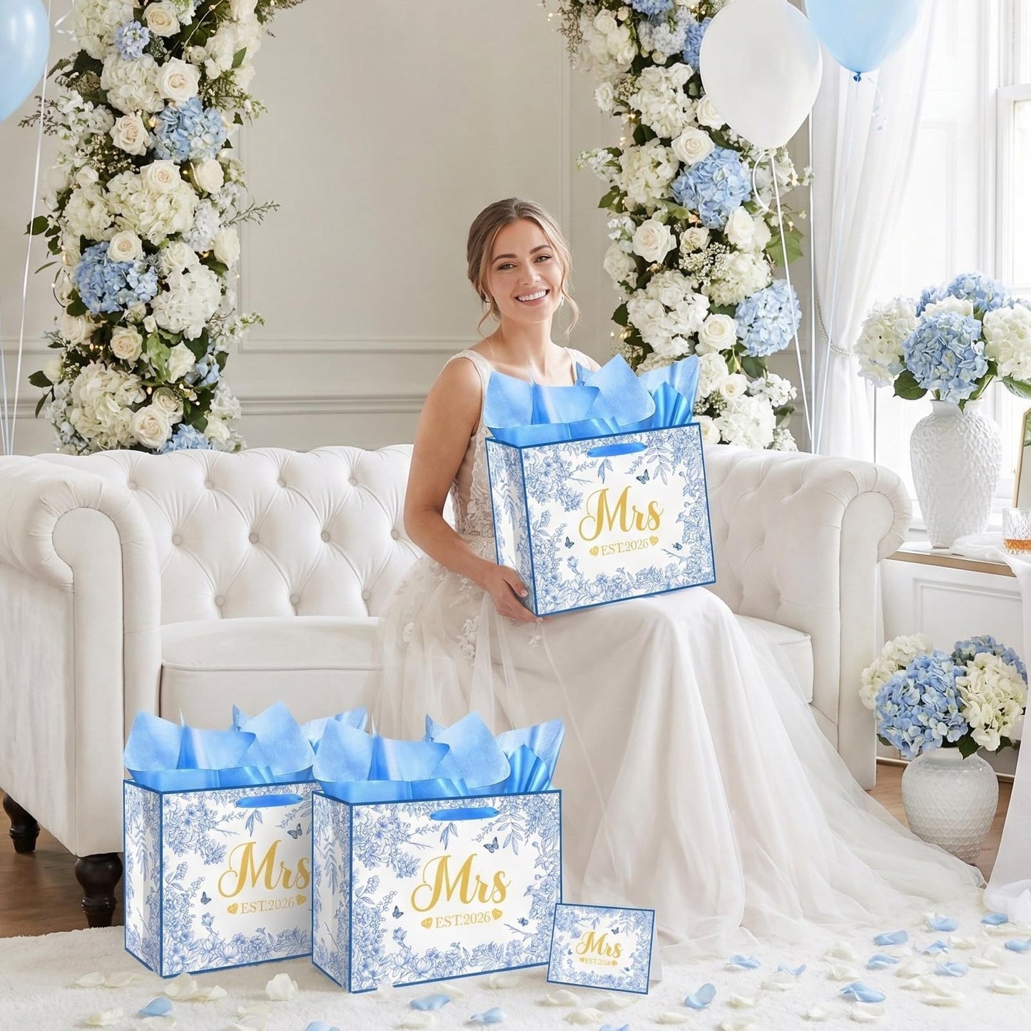 Woosytoo EST 2026 Mrs Bride Gift Bag Blue Bridal Shower Gift Bag with Tissue Paper and Card Mrs 2026 Wedding Gift Bag for Butterfly Bridal Shower Bachelorette Party Engagement Decor Supplies