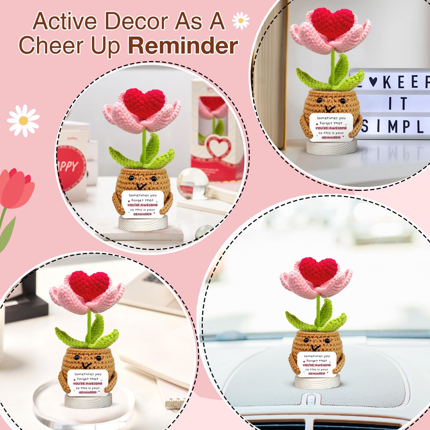 Gossby Handmade Positive Heart Flower Crochet with 'Sometimes You Forget You're Awesome Reminder' Card - Encouragement Gifts for Friend - Cute Inspirational Birthday Gift for BFF Sister Coworker Women
