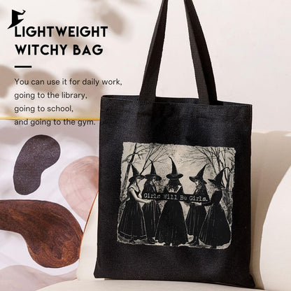 Kimoli Aesthetic Witchy Canvas Tote Bag for Women Funny Witchy Gifts for Women Cute Girls Will Be Girls Canvas Bag Spooky Reusable Beach Shoulder Grocery Casual Bag for Work Travel, Black