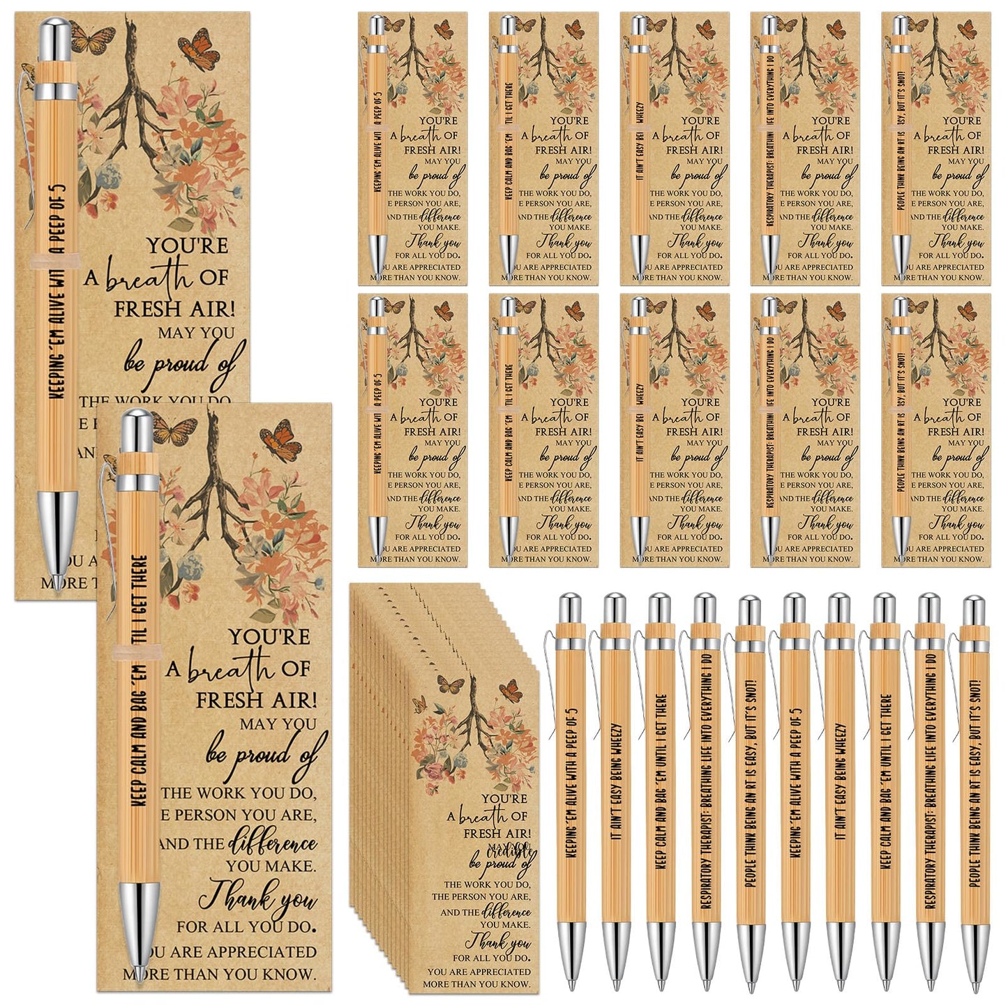 Gersoniel 20 Sets Respiratory Therapist Gifts Bulk Nurse Week Gifts Retractable Bamboo Ballpoints with Appreciation Bookmark Card Thank You Pen for Rt Nurse Nursing Doctor Graduation Staff Office