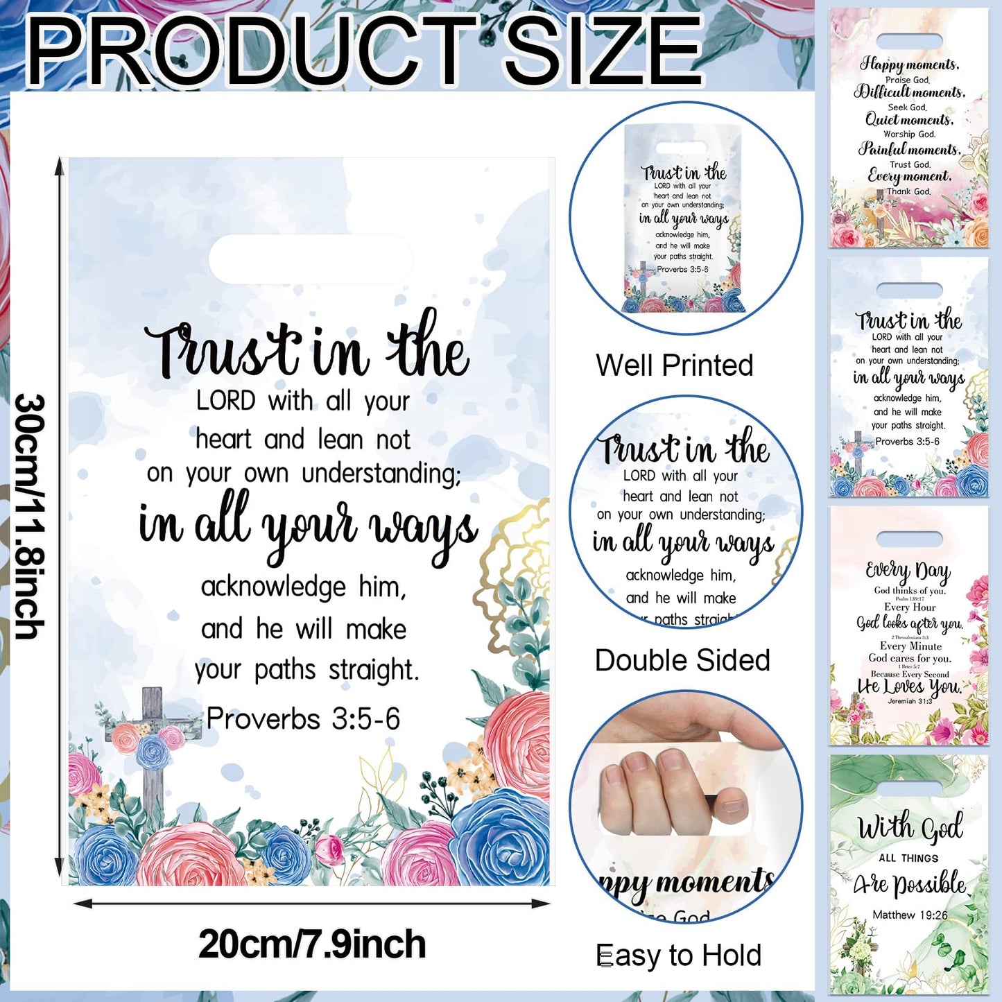 Yinder 60 Pcs Christian Gift Bags with Handles for Women Religious Plastic Bag with Bible Verse Bulk for Church Religious Christian Gifts Inspirational Flower Pouches for Women Party Favor Church