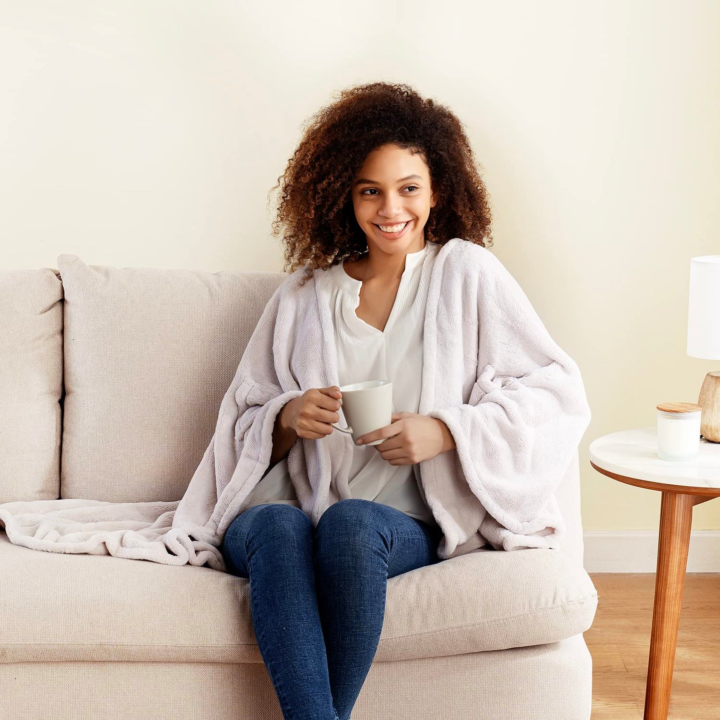 Berkshire Blanket Primalush™ Wearable Blanket, Cozy Loungewear Pocketed Plush Cape Wrap for Adults & Teens(Moonbeam, One Size 58"X64")