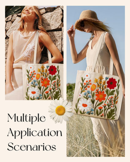 Miss Adola Embroidery Canvas Tote Bag for Women - Reusable Tote with Buckle Aesthetic Cute Shoulder Bag for Shopping, Grocery