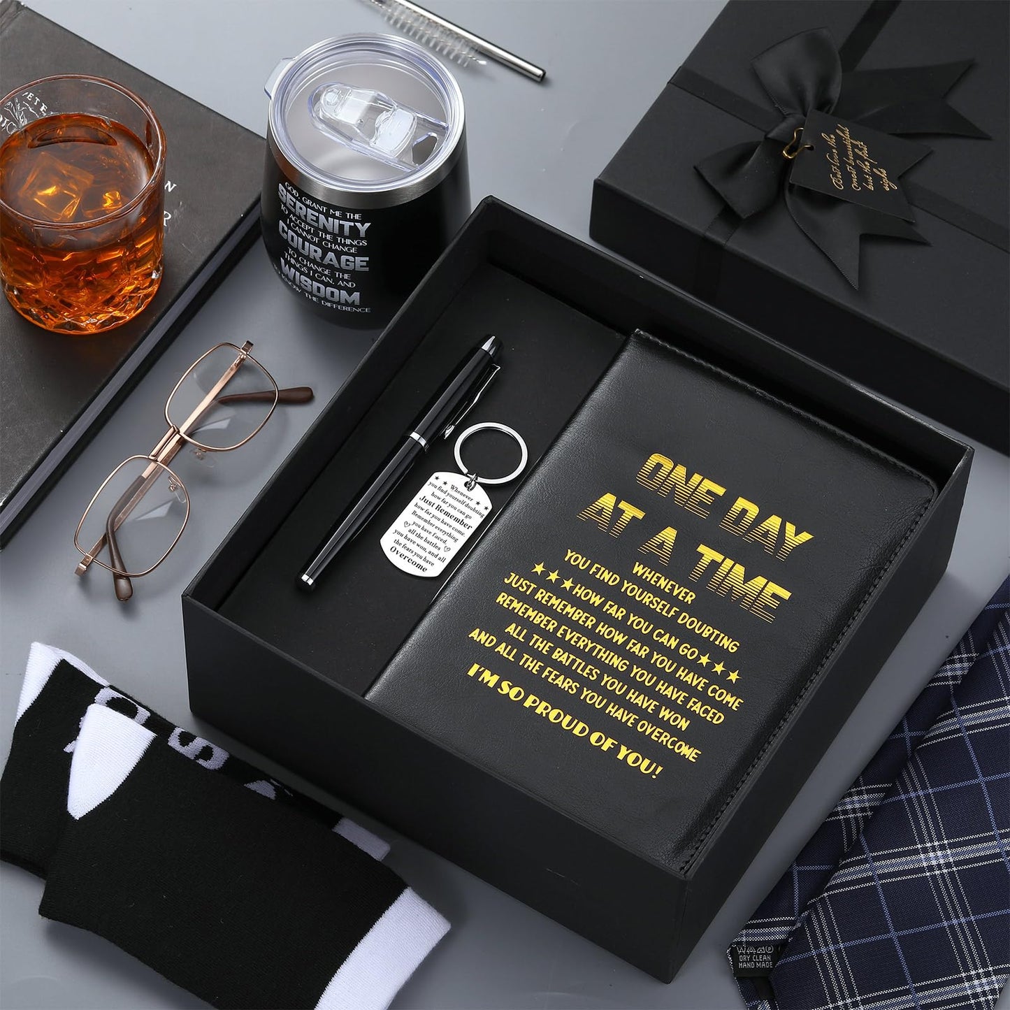 Reallnaive 6 Pcs Sobriety Gifts for Men Women Addiction Recovery Sober Encouragement Gifts 12 oz Stainless Steel Cup Socks Keychain Pen Notebook Box for AA NA Alcoholics Addiction Sober Milestone