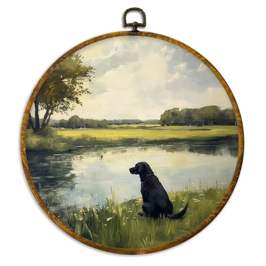 XPH Vintage Rustic Black Labrador Retriever Round Wall Art Framed, Country Landscape Dog Circle Wall Decor, Black Lab Gifts Hanging Canvas Prints for Home Bedroom Living Room Decoration, 10x10 Inch