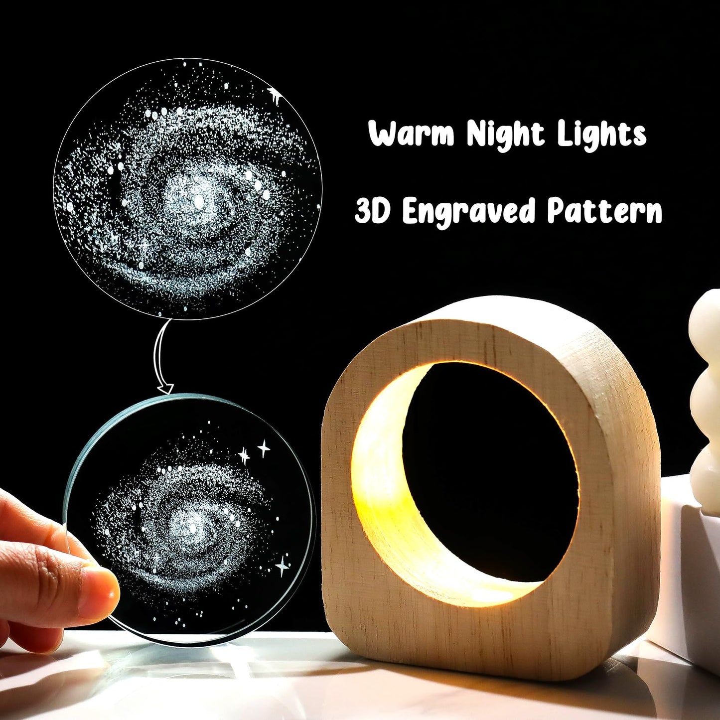 Ornalrist 3D Galaxy Planet Crystal Engraved Wood Night Lights, Astronomy Galaxy Lamps Gifts for Women Men Astronomy Lovers Science Space Universe Home Decor