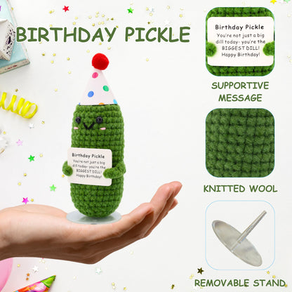 Birthday Pickle with Stand. Emotional Support Crochet Gift. Happy Birthday Gifts for Women, for Her. Present for Mom. Funny Gag Gift for Friends.
